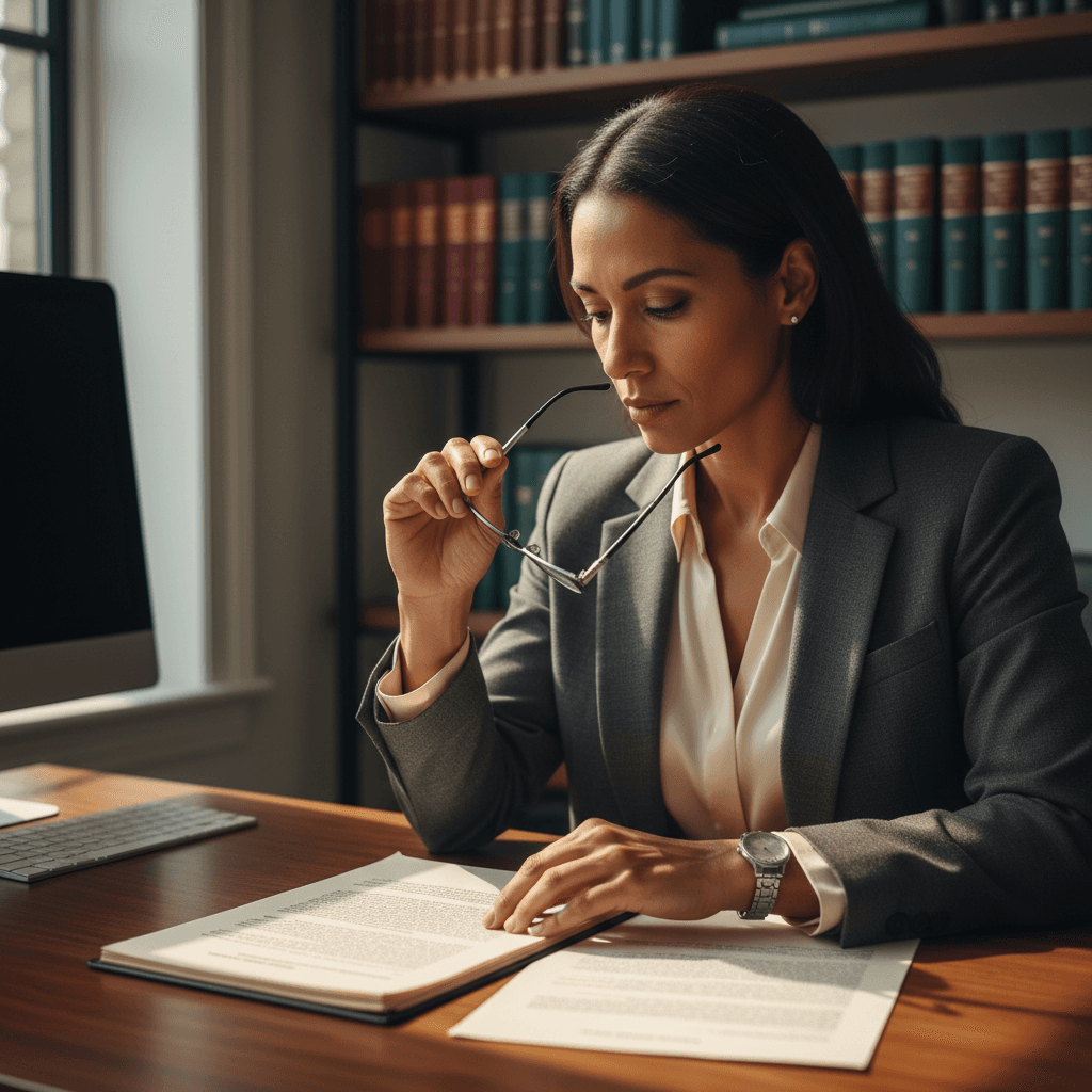 Attorney reviewing case documents in professional office