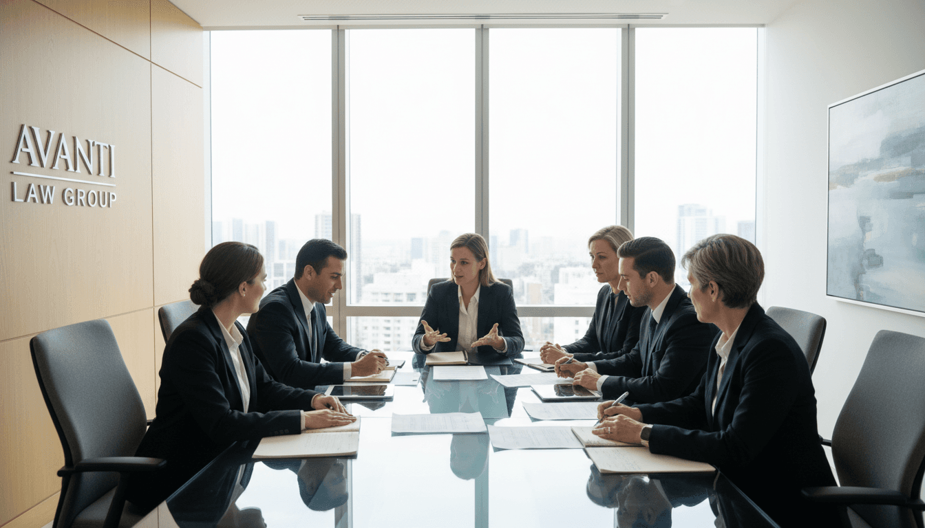 Attorney in professional office environment consulting with client