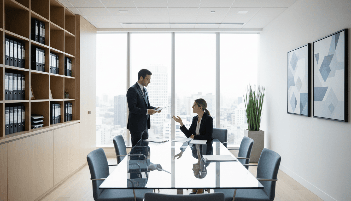 Attorney in professional meeting with client discussing legal case