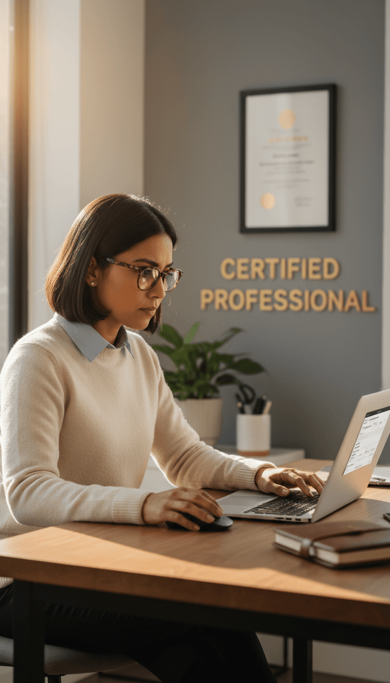 Professional service provider focused on laptop screen, wearing business casual attire, warm office lighting in background