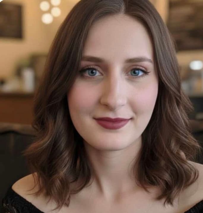 Close-up portrait of a woman with blue eyes, wavy brown hair, and dark rose lipstick.
