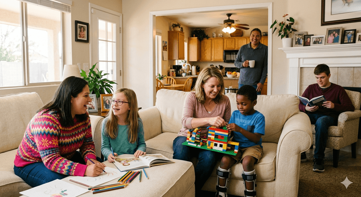 A diverse family enjoys drawing, reading, and building with blocks in a cozy living room.